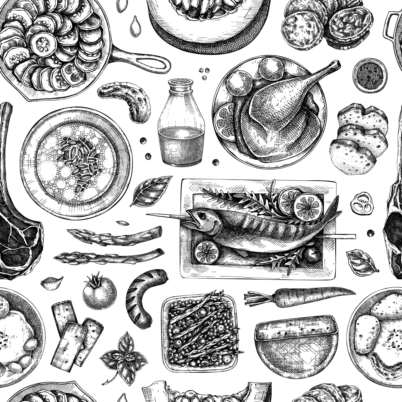 Farm food background. Hand drawn vector illustrations. Rustic kitchen engraved style sketches. Food seamless pattern. NOT AI generated. Illustration